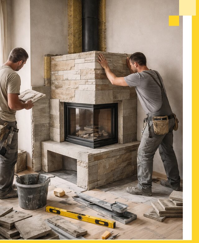 Угловые камины под ключ проект, монтаж и отделка в Сегеже