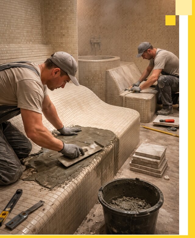 Лежаки для хамама под ключ в Сегеже, проект и монтаж